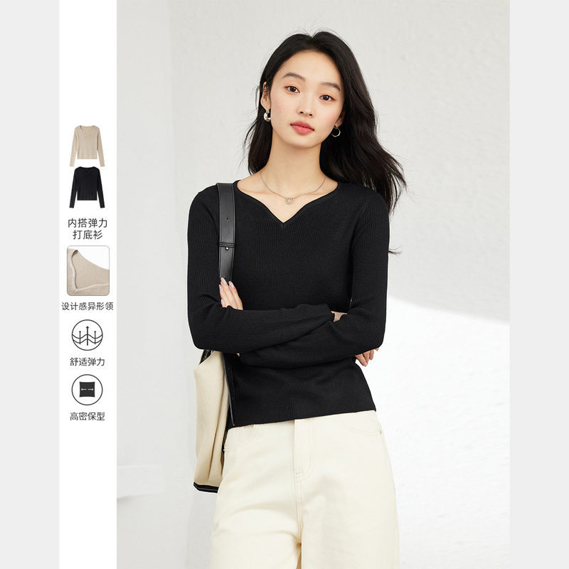 梵希蔓异形领针织T恤女显瘦长袖上衣73568