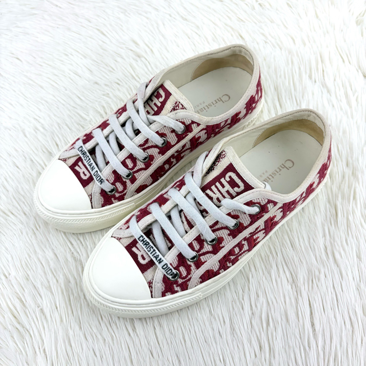 95新 DIOR/迪奥 Walk'酒红色刺绣帆布鞋36码