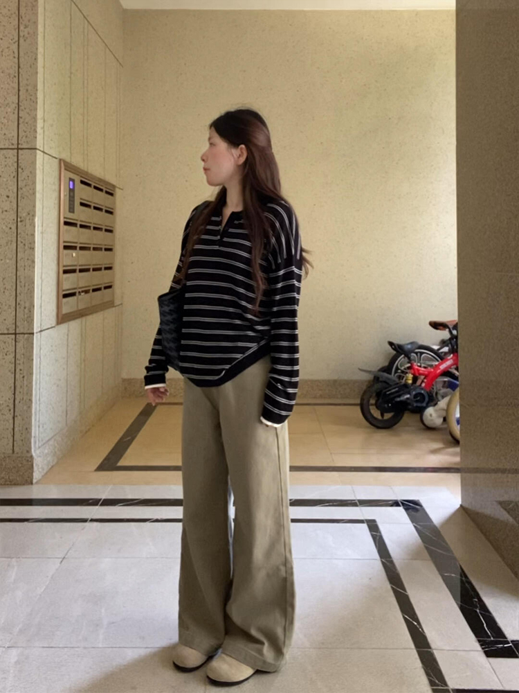 秋季新款POLO翻领条纹长袖宽松t恤女韩系气质慵懒针织衫薄款上衣