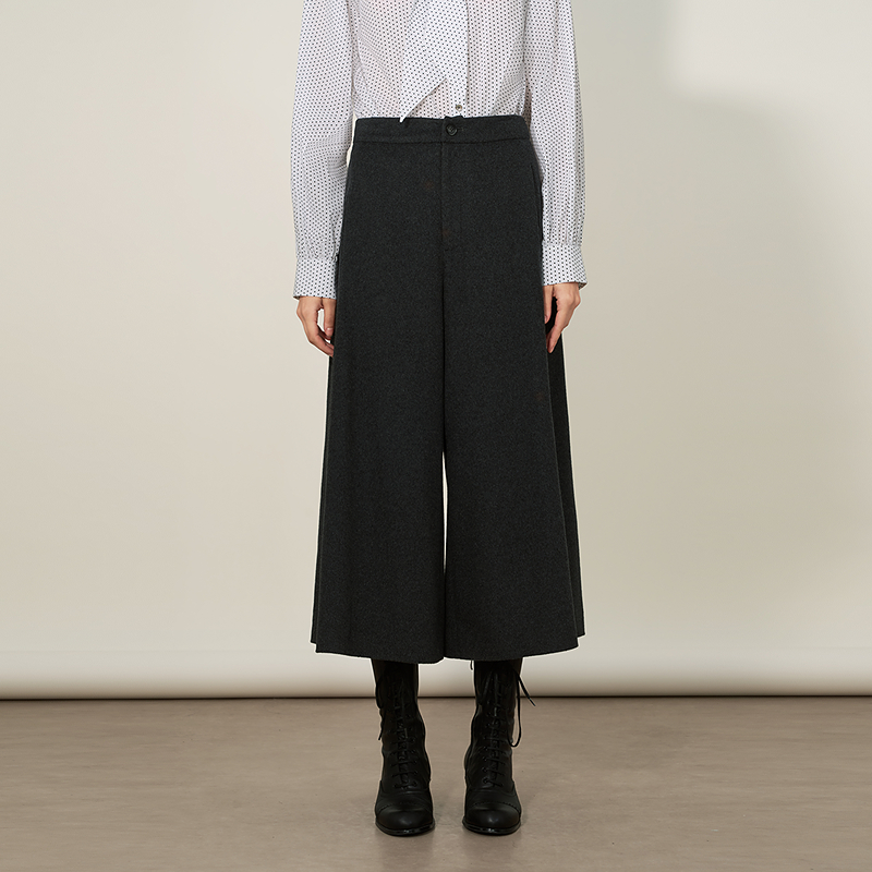 ANMANI恩曼琳25冬季新款羊毛羊绒陨石灰毛呢阔腿九分裤ERA7K01B