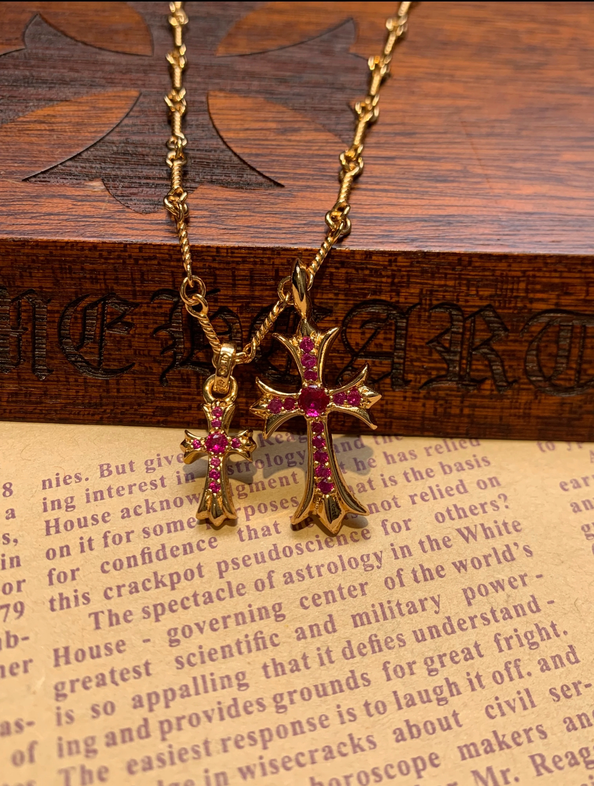 铜合金合成锆石项链 铜合金项链粉钻双十字架项链百搭轻奢高级GF