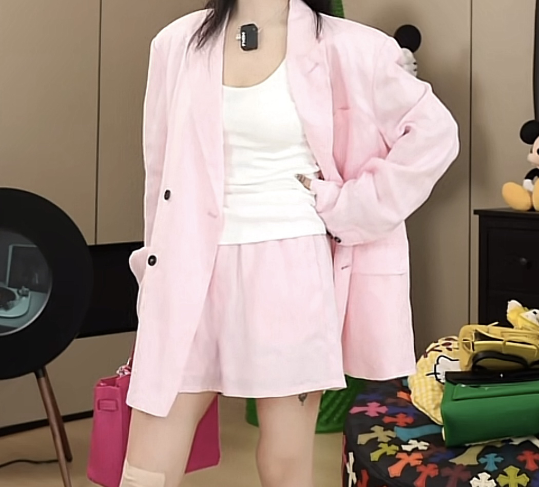 【劉發發】V213【粉色西服套装】新款韩版百搭时尚休闲亚麻西服套装