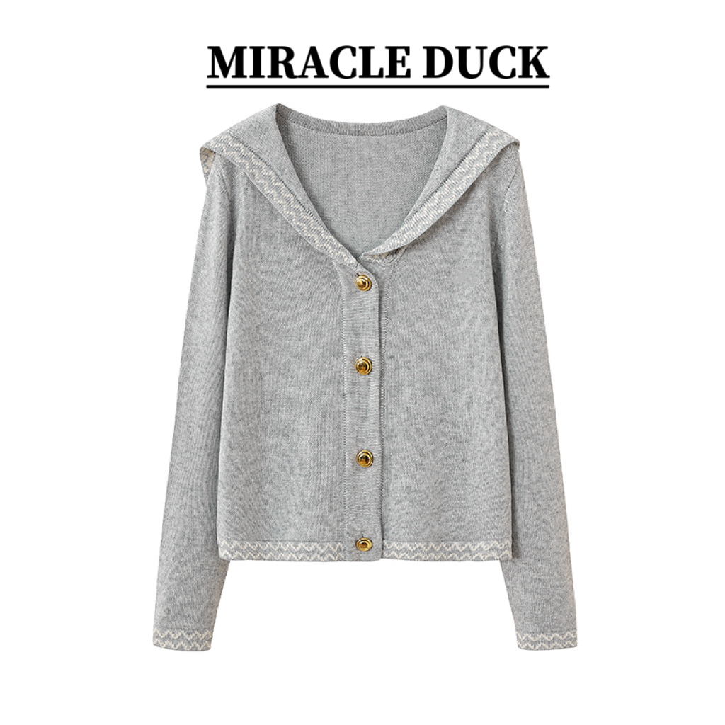 6号【灰色海军】春秋冬学院海军领拼色花朵刺绣显瘦针织开衫C1843