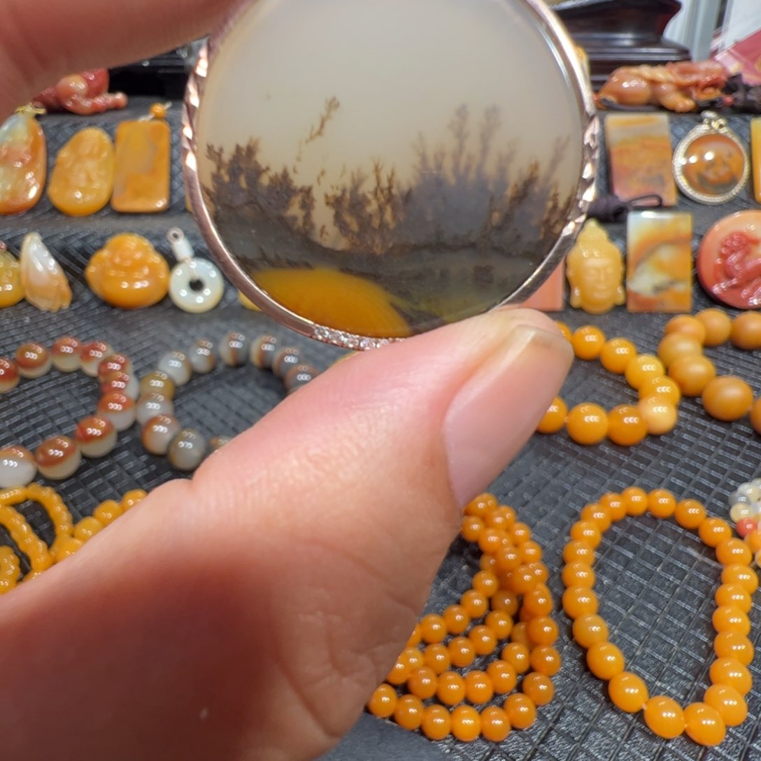 石英质玉（黄龙玉）银S925镶嵌玉牌