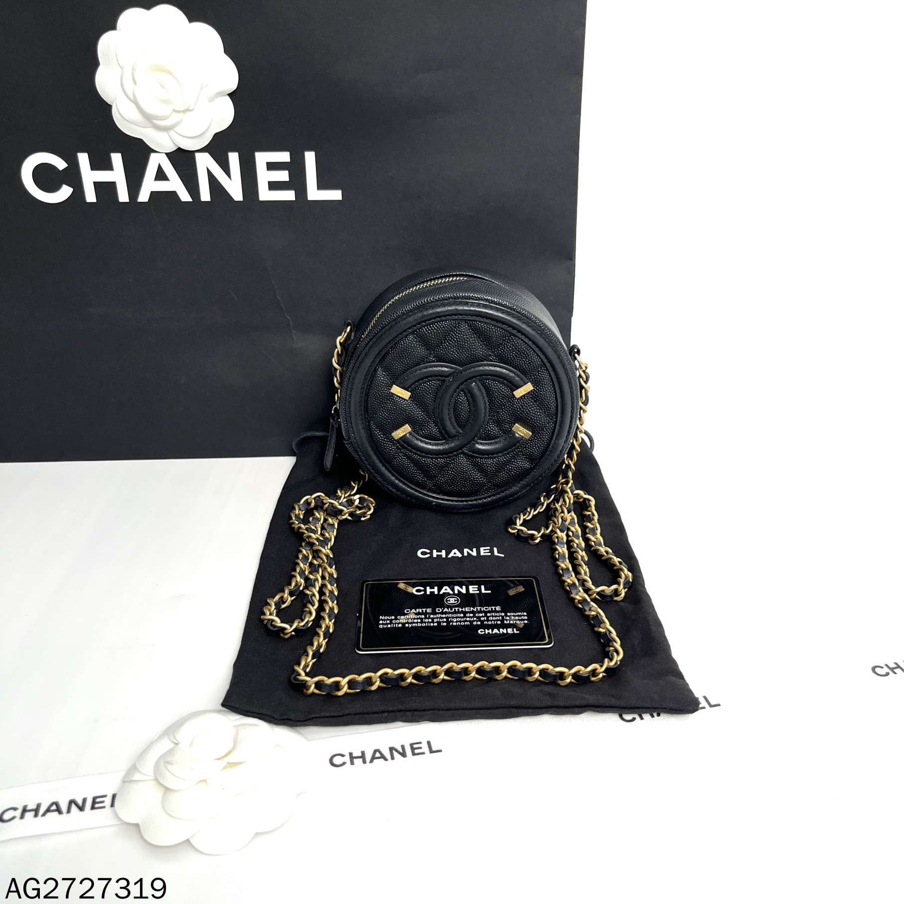 95新 Chanel/香奈儿 香奈儿荔枝牛皮小圆饼黑金28开/AG2727319