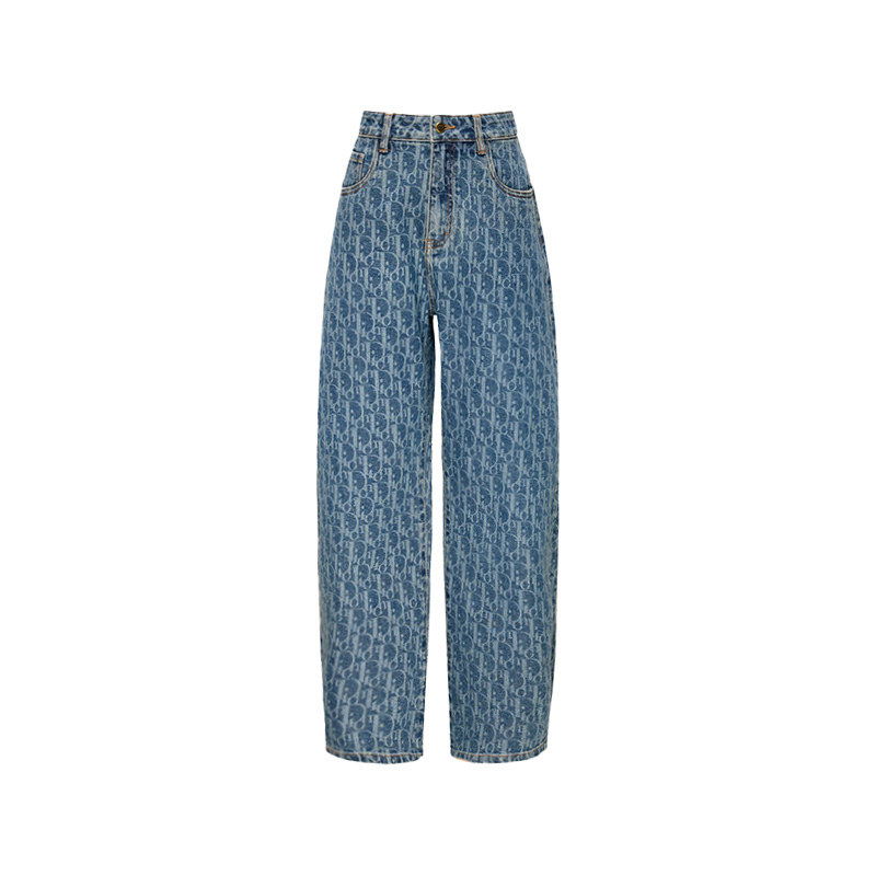 迪奥名莎25秋冬时尚印花牛仔裤阔腿复古长裤