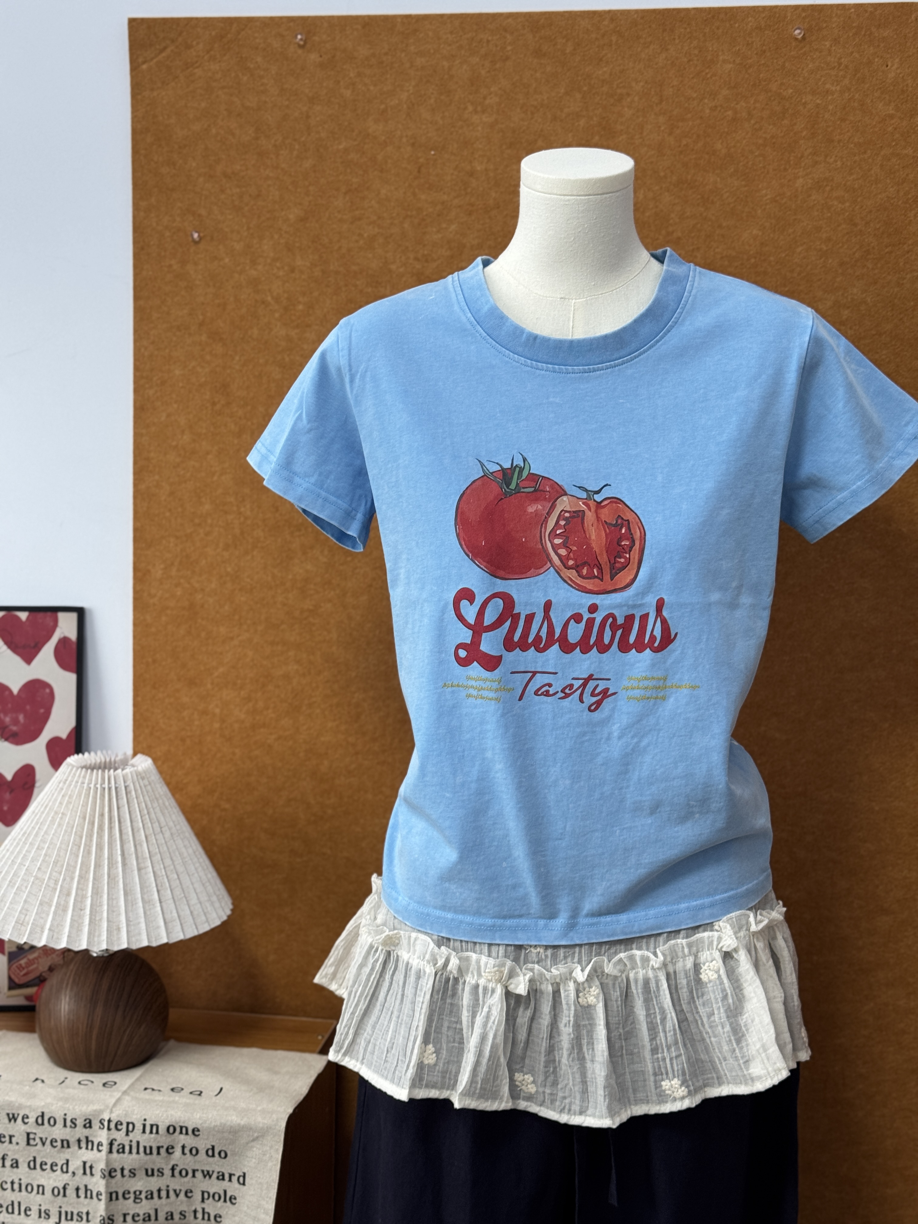 蓝色做旧西红柿印花短袖T恤夏季设计显白小众上衣ins