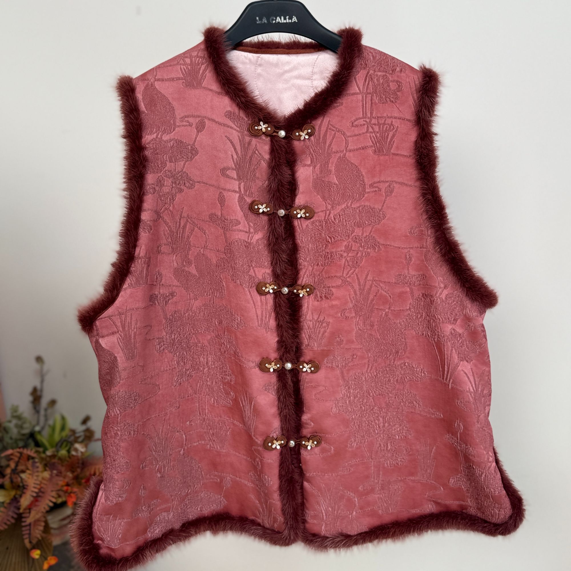 大码100桑蚕丝冠乐皱布料夹桑蚕丝马甲拼水貂毛