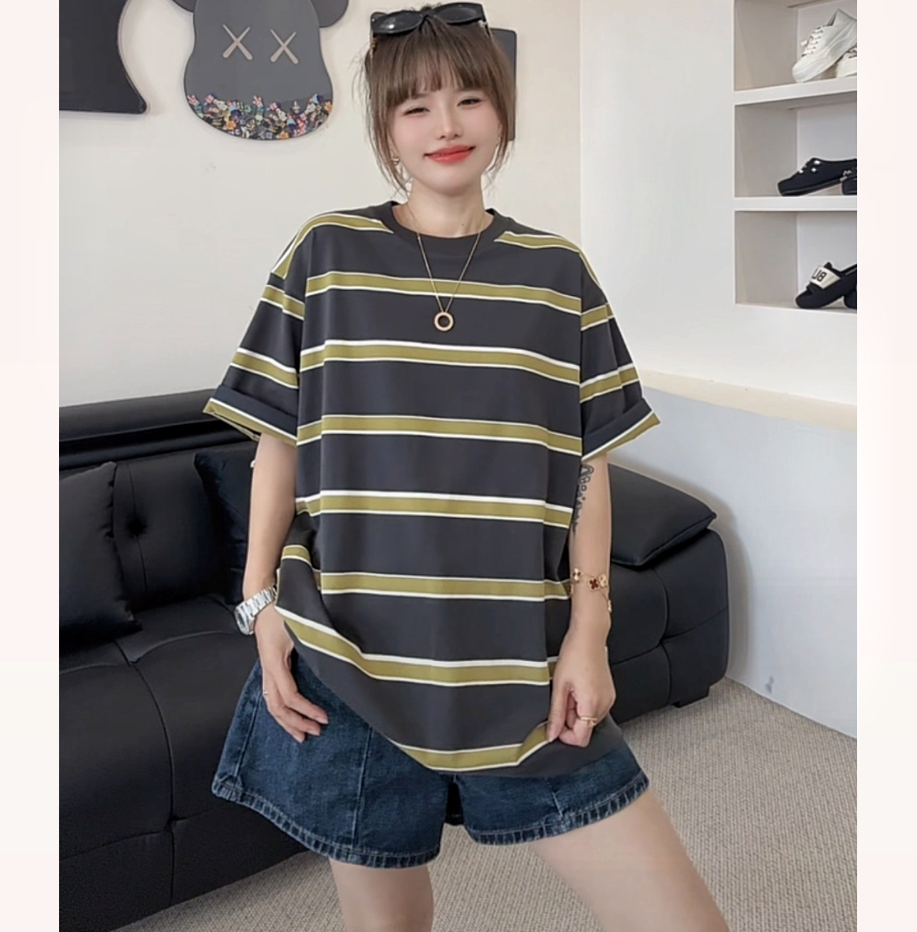 【郁儿严选】2025夏季新款松弛感百搭休闲撞色条纹慵懒风短袖t恤女