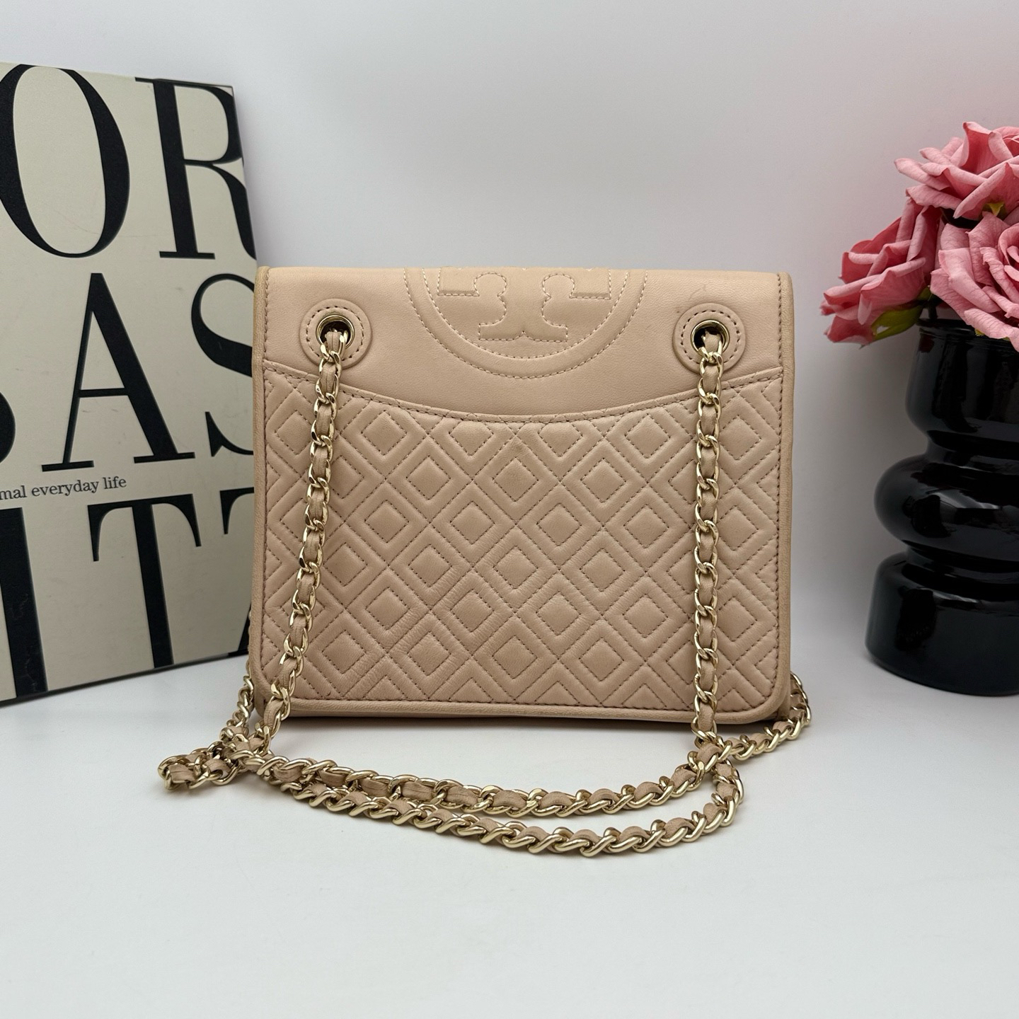 95新 TORY BURCH/汤丽柏琦 TB/汤丽柏琦 xy 9209 粉色链条斜挎包