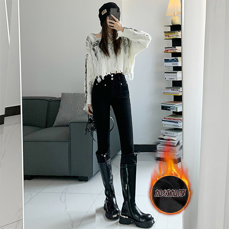 高腰加绒牛仔小脚裤女2024冬季弹力显瘦紧身外穿铅笔裤132