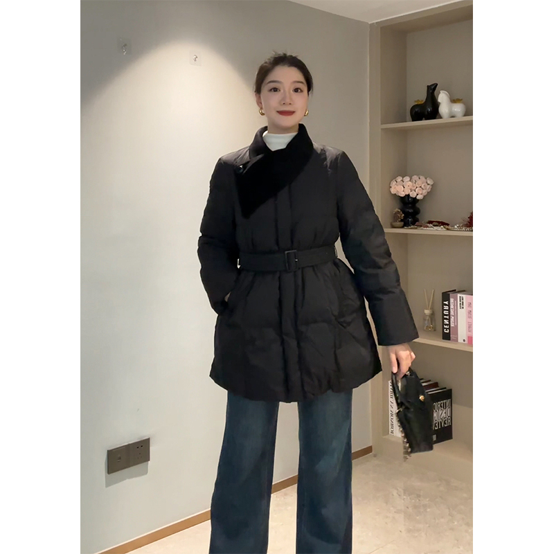 设计感羊毛拼接90白鸭绒羽绒服女冬季保暖收腰显瘦中长款加厚外套