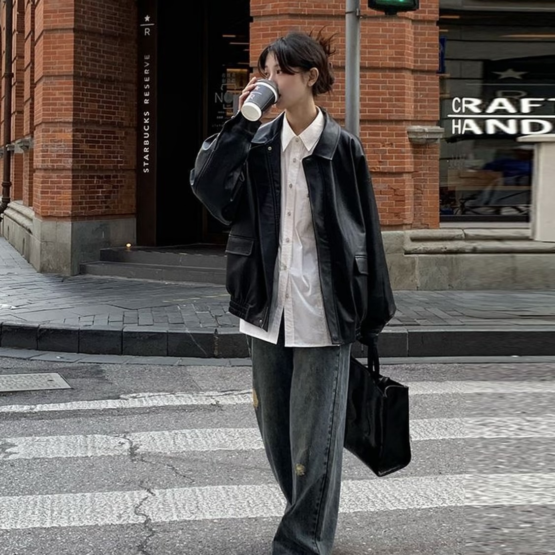 KONITIHA 春秋美式高街情侣宽松休闲皮外套pu皮立领情侣夹克潮810