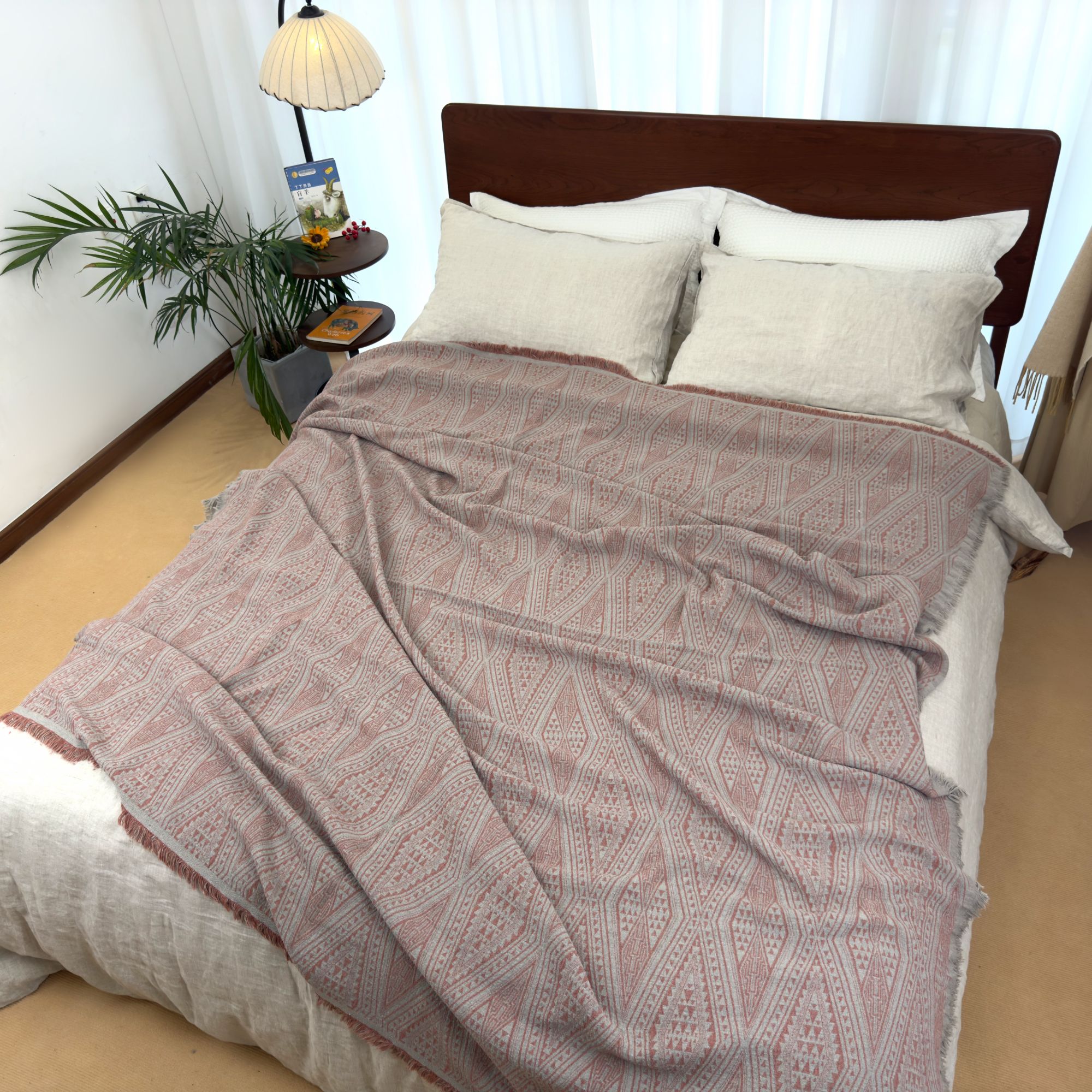 【竹麻盖毯】四季通用双面透气多功能色织提花流苏盖毯