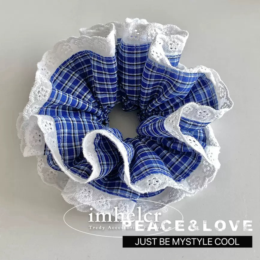 小董 蓝色格子四层蕾丝大肠发圈韩系发圈