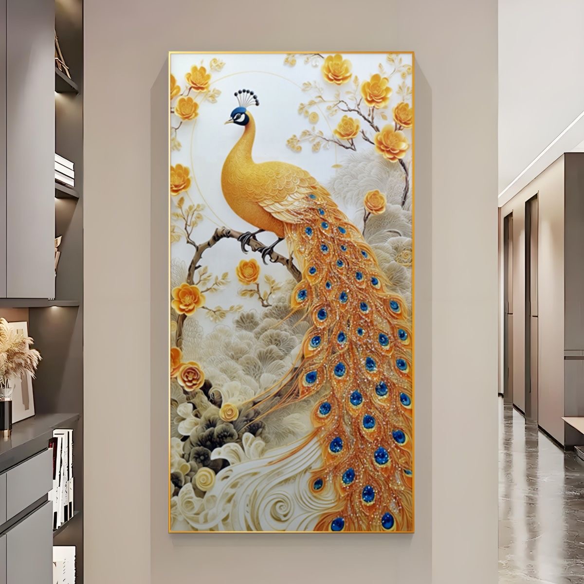 晶瓷镶钻玄关客厅装饰画孔雀80160