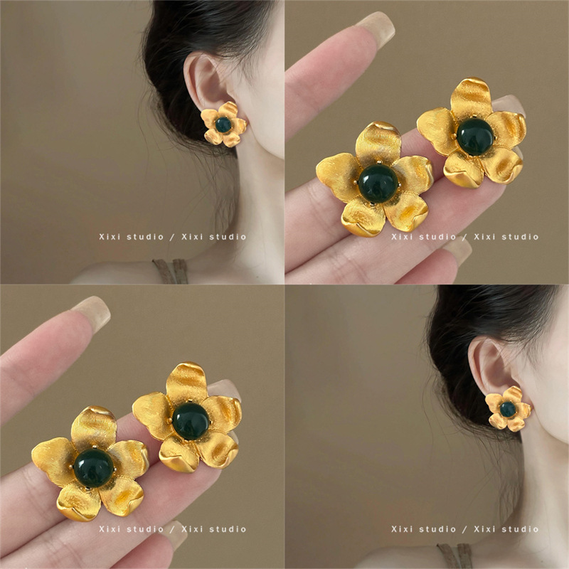合金耳饰法式金色花朵复古耳钉女轻奢时尚夸张耳环高级感气质简约