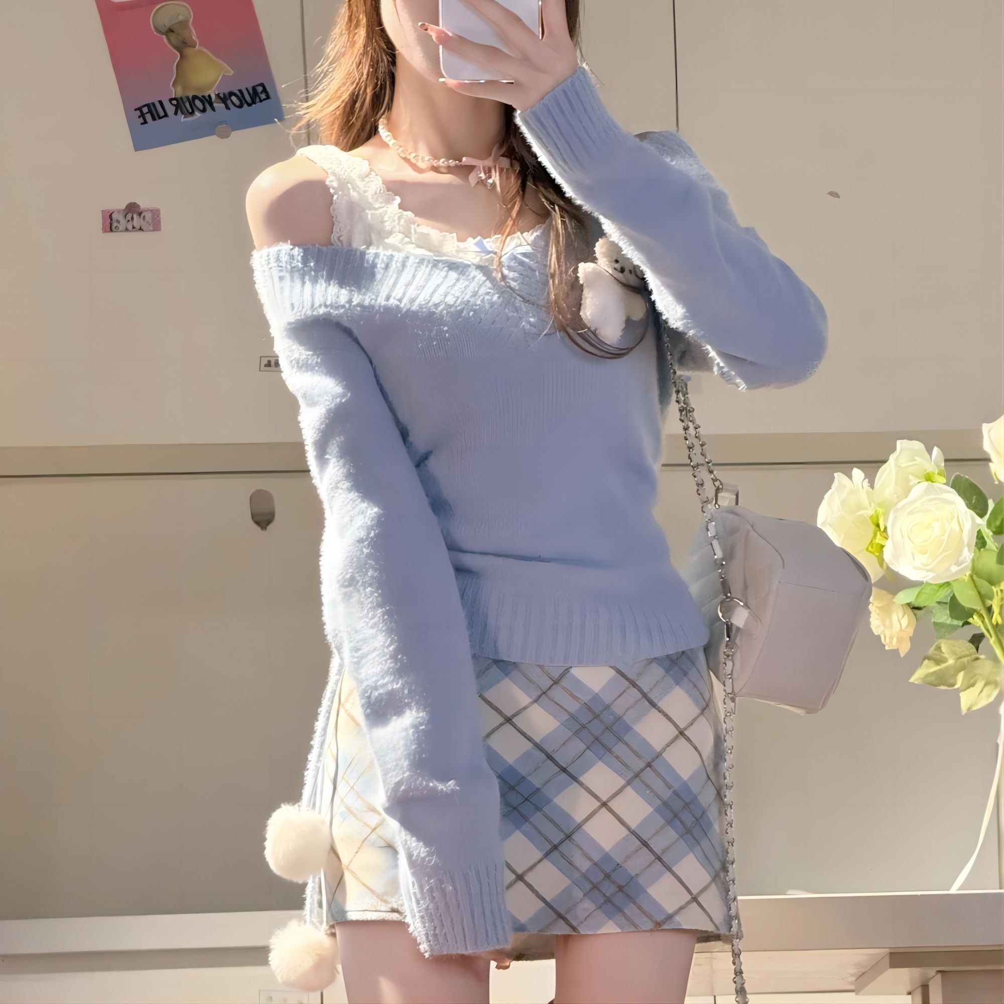 【又又】胖mm女毛呢半身裙女2024秋冬开叉格纹中长款a字裙