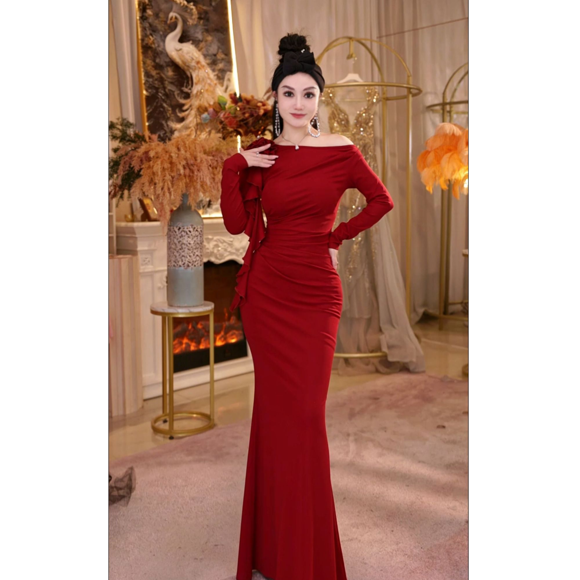 【星姐推荐】星原创高级定制【火焰】设计师花朵飘带磨毛斜肩连衣裙