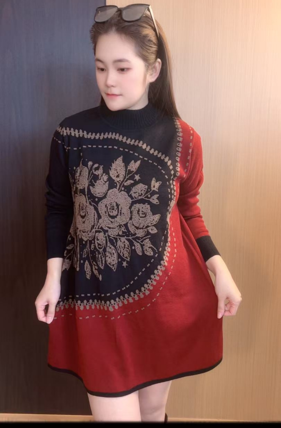 697秋冬长袖中长裙中长款民族风中老年女装休闲风常规圆领时尚风