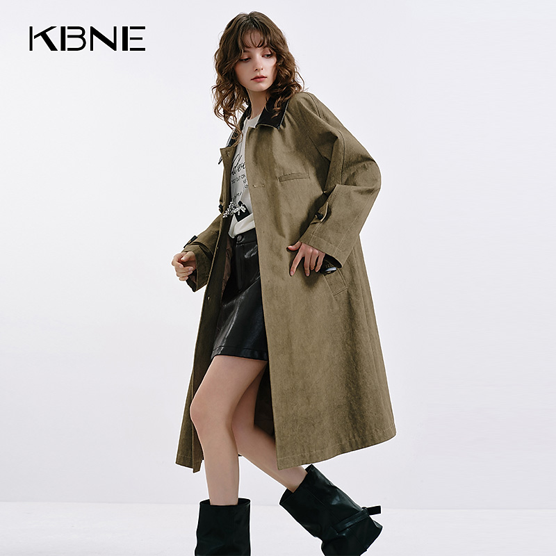 KBNE风衣外套女2025新款爆款洋气秋季复古撞色巴恩风中长款风衣