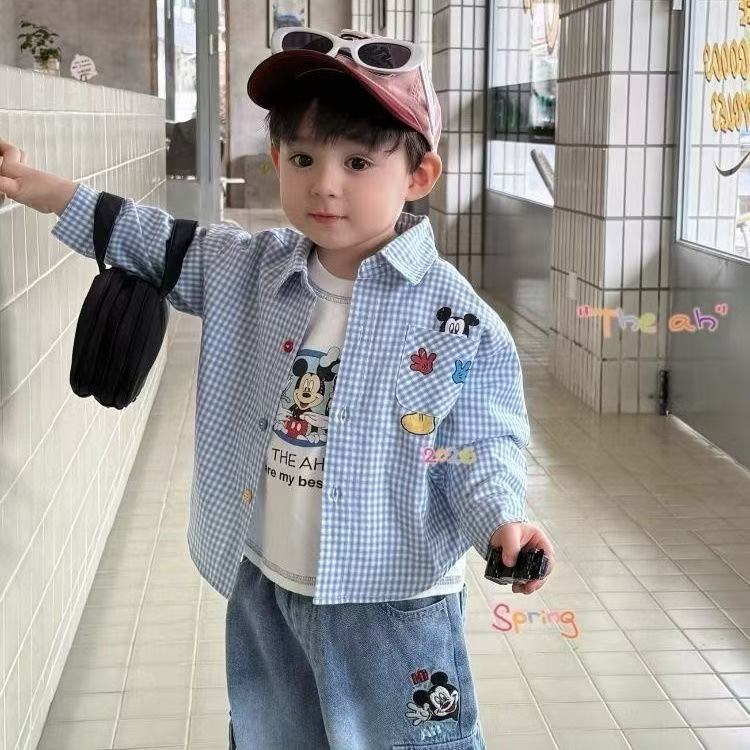 2026春秋季新款中小童米奇格子衬衣卡通休闲男童牛仔裤两件套