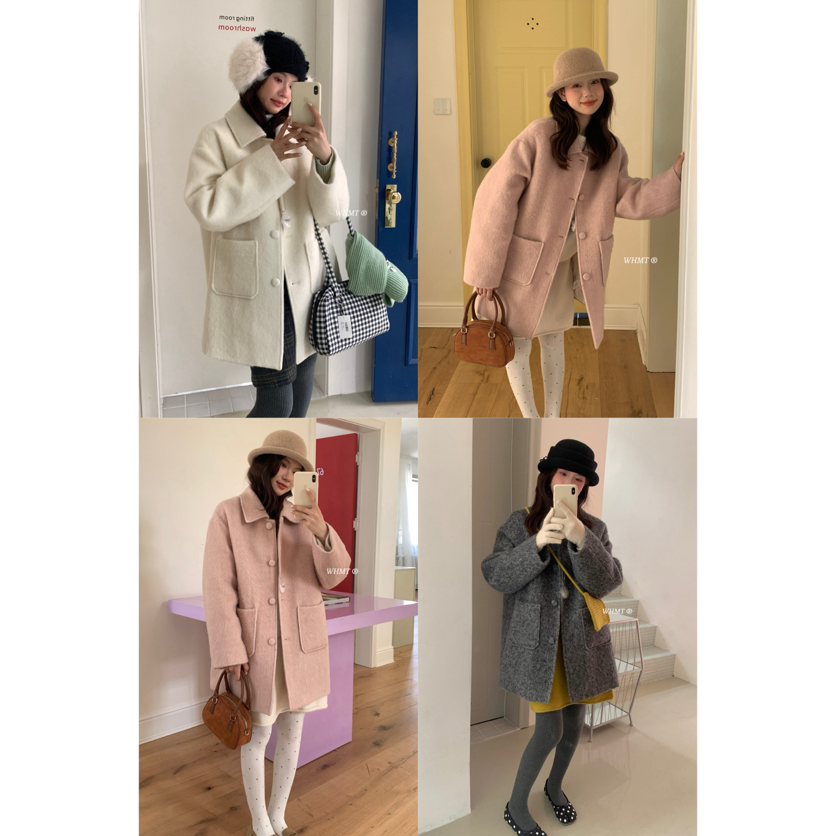 WHMT@1981 夹羽～韩系气质翻领单排扣大口袋毛呢中长款大衣（衣长78