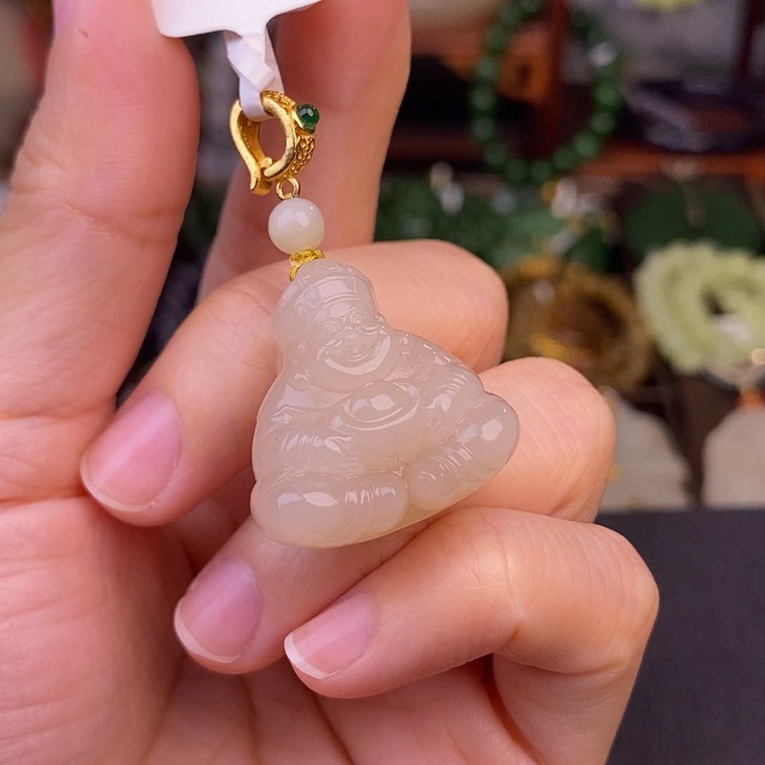 和田玉熟藕粉老料财神爷镯芯清货价未镶嵌