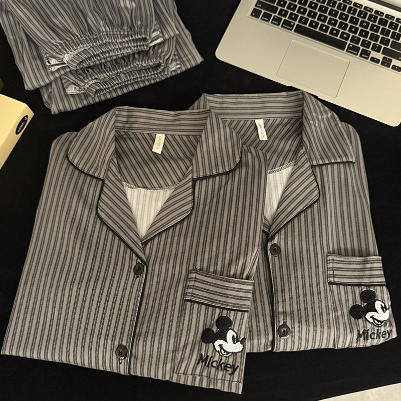 【春秋情侣长袖】条纹米奇情侣睡衣女秋冬季卡通可爱春秋男士家居服