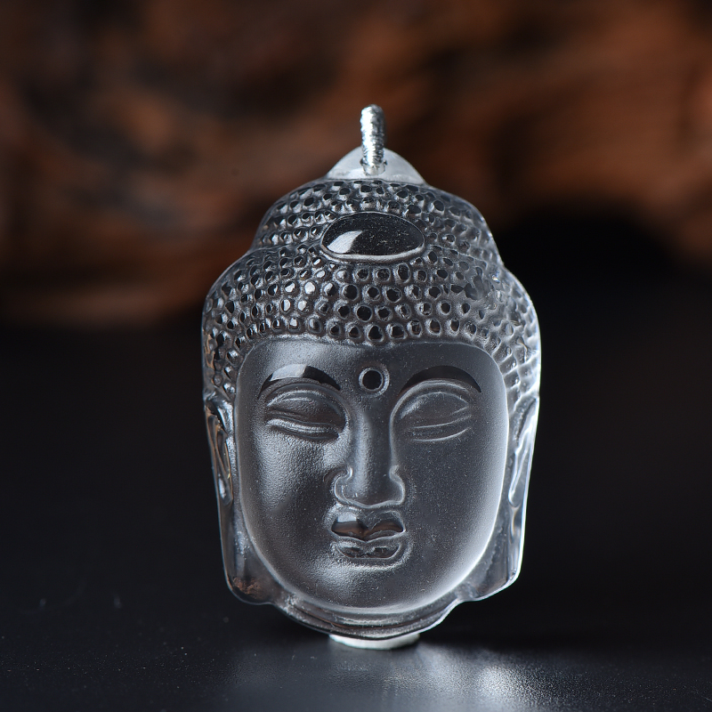 天然白水晶磨砂款佛头吊坠新款女士男士新款时尚项链吊坠孔