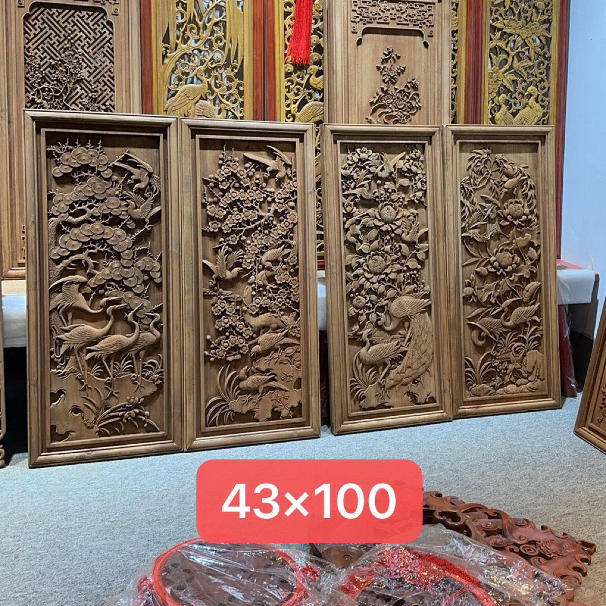 做旧工艺。高浮雕香樟木四季花鸟43×100×3.5厚度木雕实木