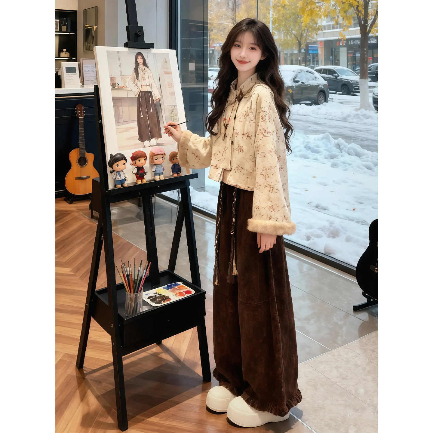 新中式国风套装独特漂亮巨好看复古毛毛袖外套阔腿裤两件套2025冬