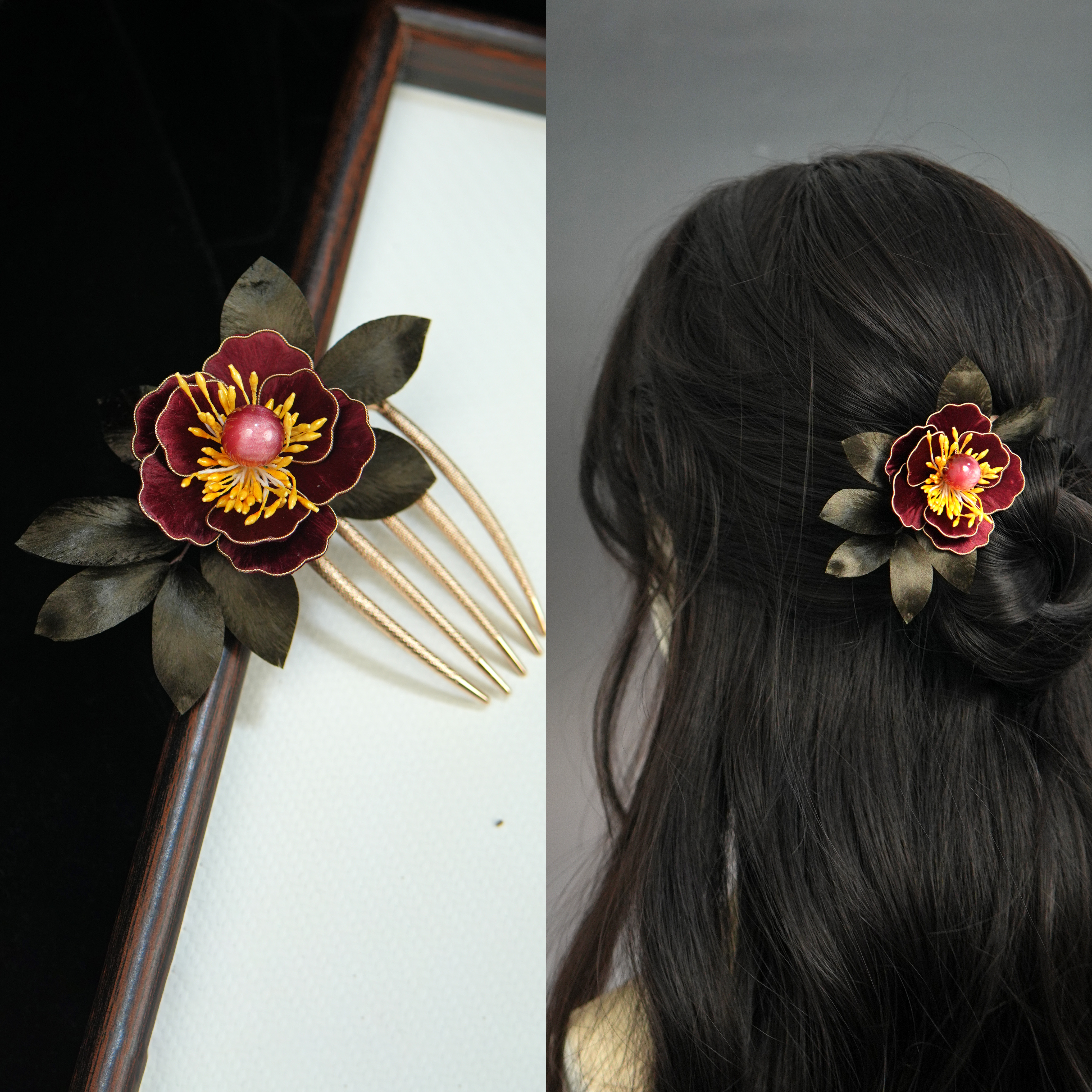 【红山茶】绒华满筑盘发发夹簪子桑蚕丝绒花古典素雅新中式