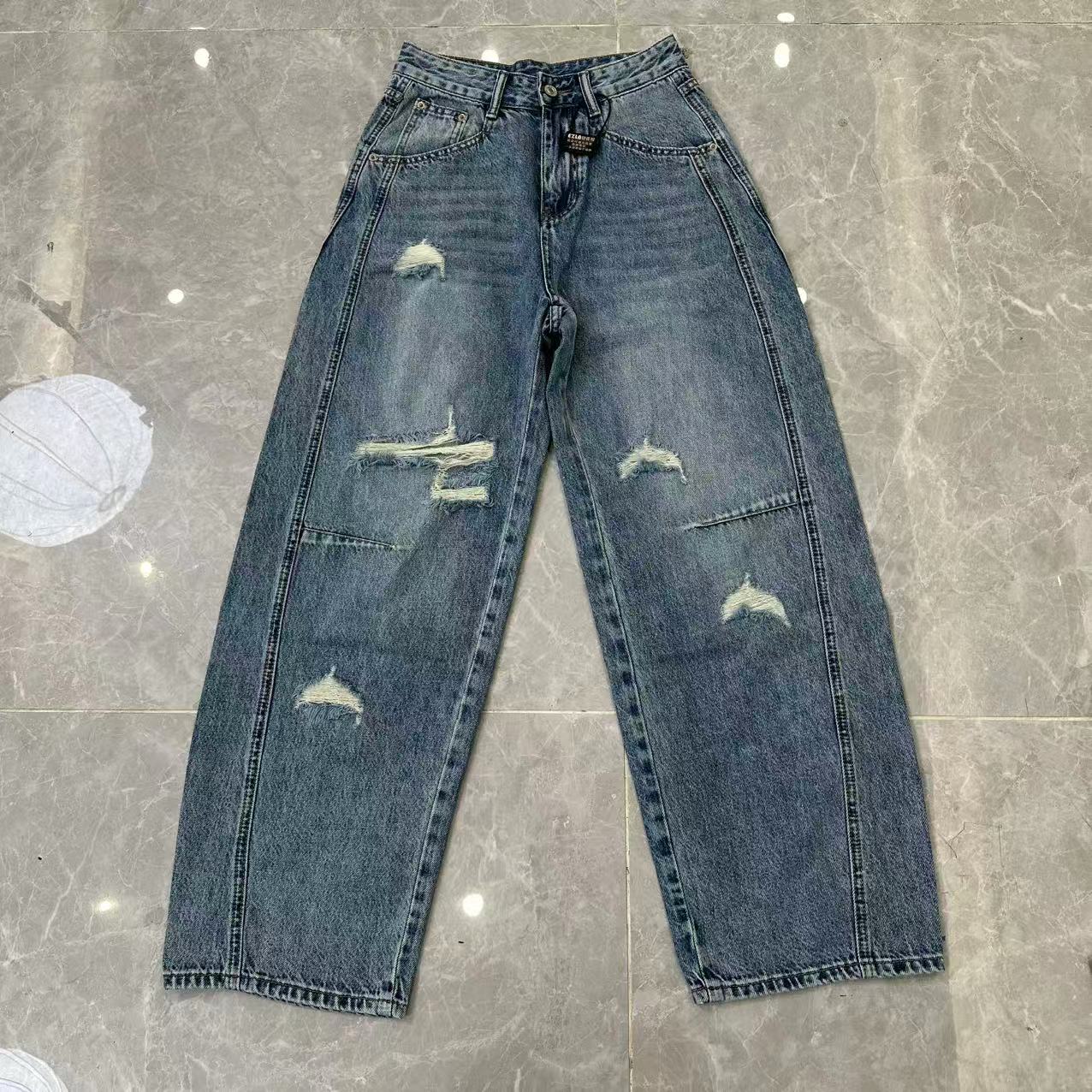 【陈泡泡定制】EZ8575 夏季新款破洞高街美式弯刀牛仔裤