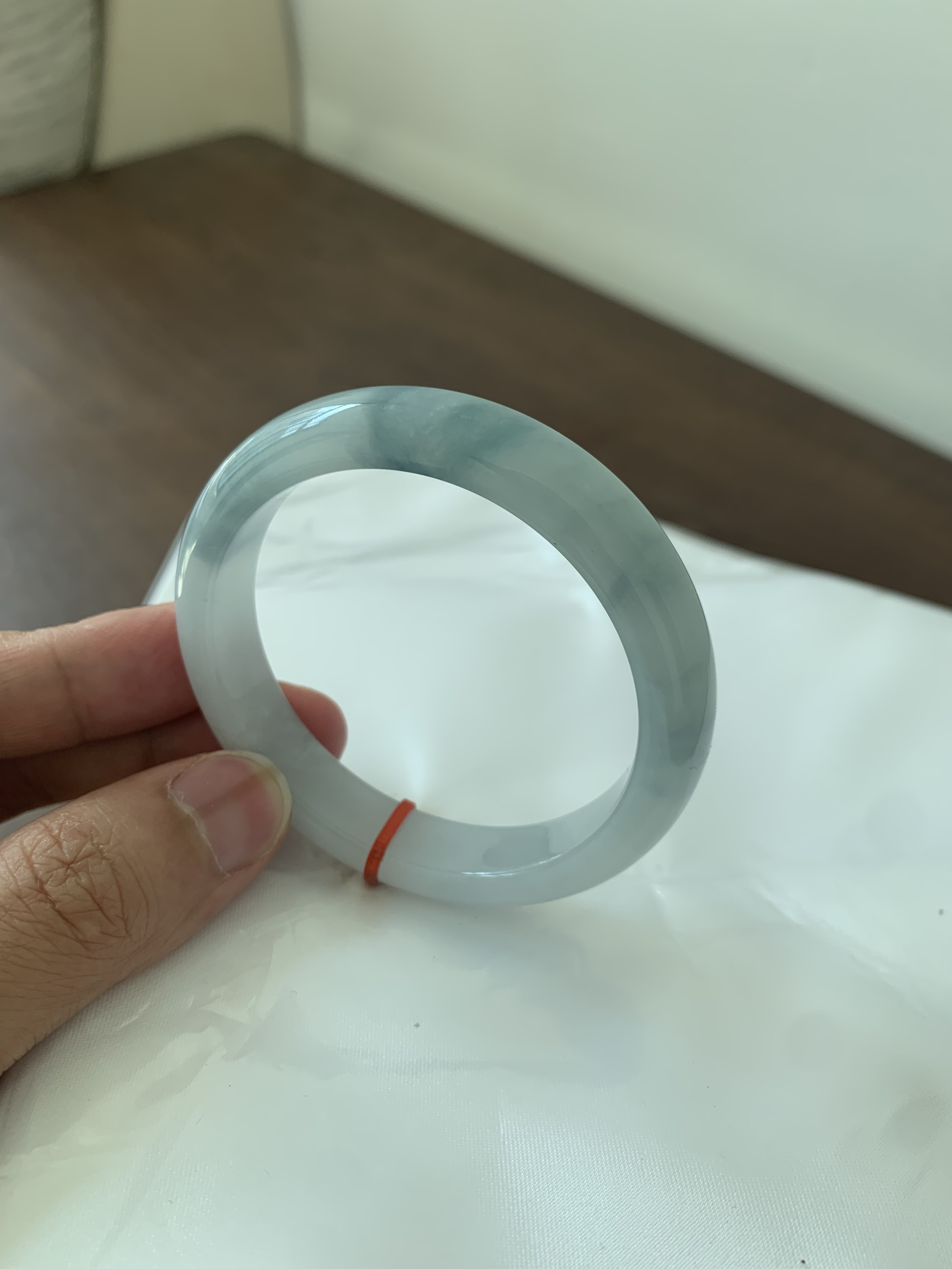 平安镯55圈口，糯化种飘蓝花，天然缅甸翡翠手镯A货翡翠直播