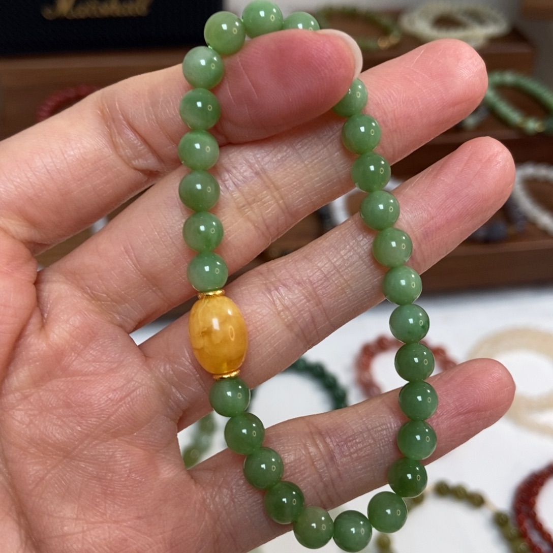 和田玉银S925镶嵌手链福利6mm黑阳洞碧玉