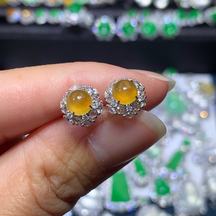 翡翠耳饰18K金镶嵌冰黄耳钉