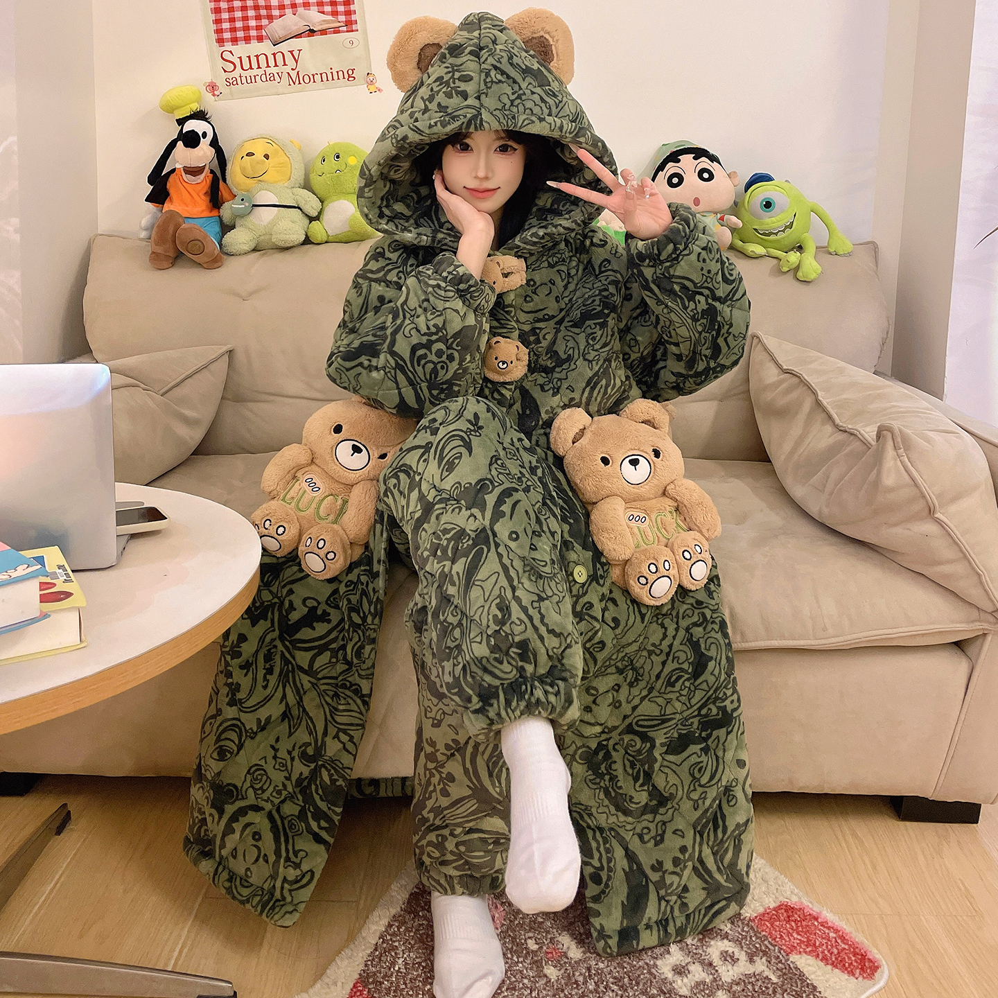 三层夹棉加厚加绒睡袍可外穿冬季睡衣女士卡通珊瑚绒家居服 9043