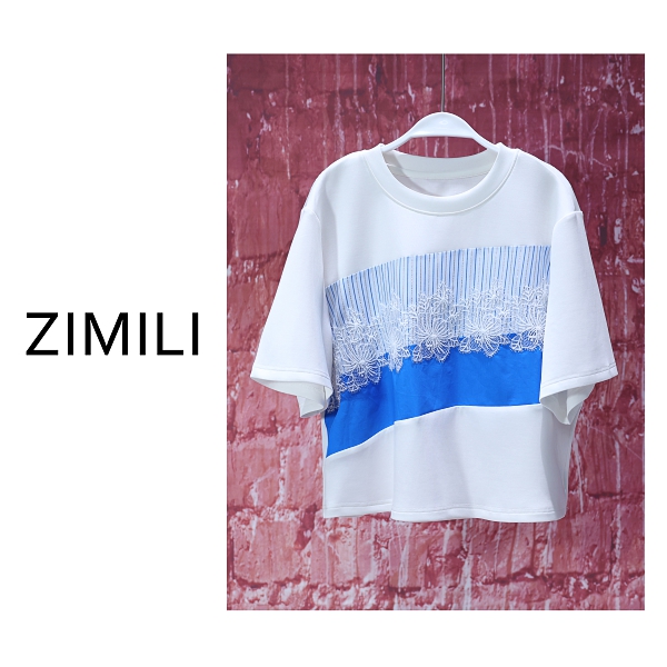 【亮哥女装】2025夏季小众设计师款象牙白撞色拼接蕾丝时尚短袖8952