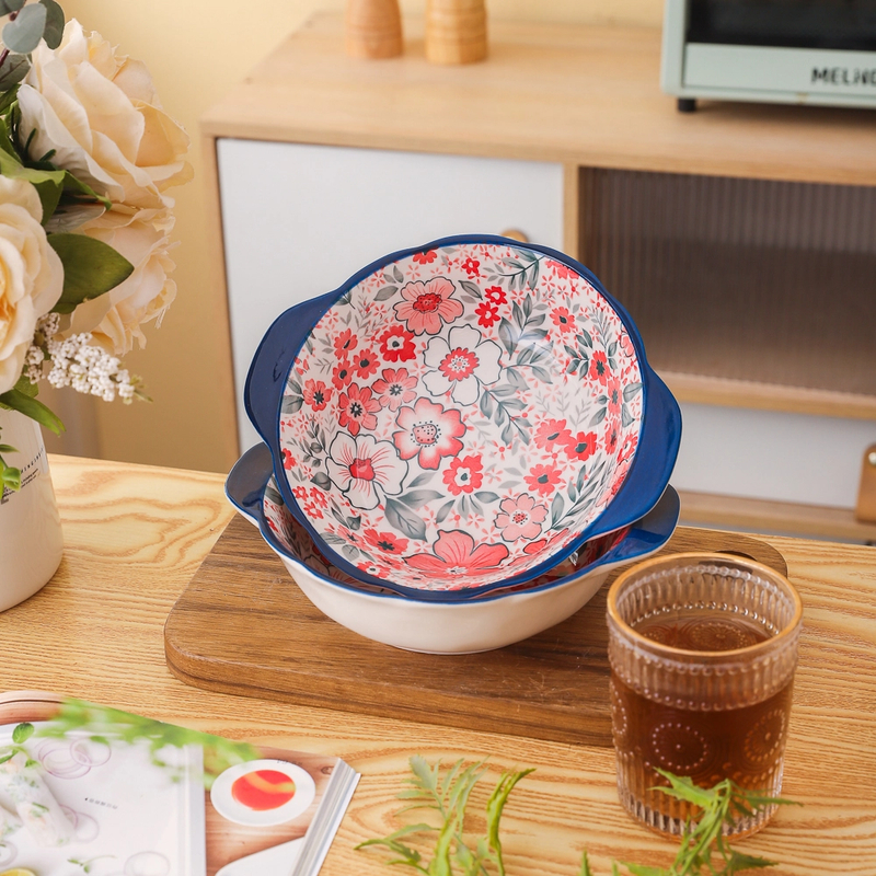 8英寸双耳反口汤碗面碗沙拉碗七里香高温釉下彩陶瓷【新疆包邮】