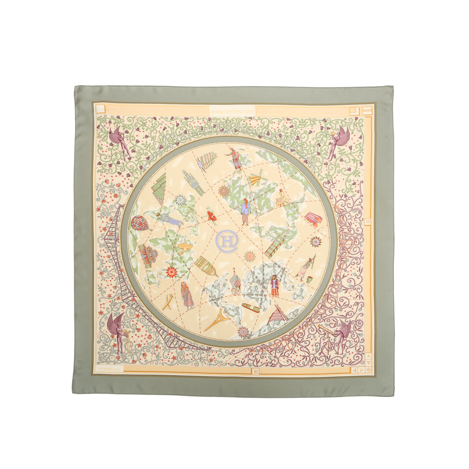 99新 Hermes/爱马仕 小花柳90X90CM 丝巾 桑蚕丝