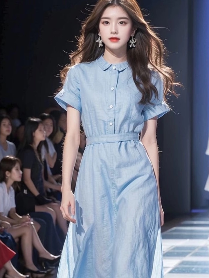 今年流行的时尚爆款蓝色棉麻衬衫连衣裙减龄洋气夏装搭配