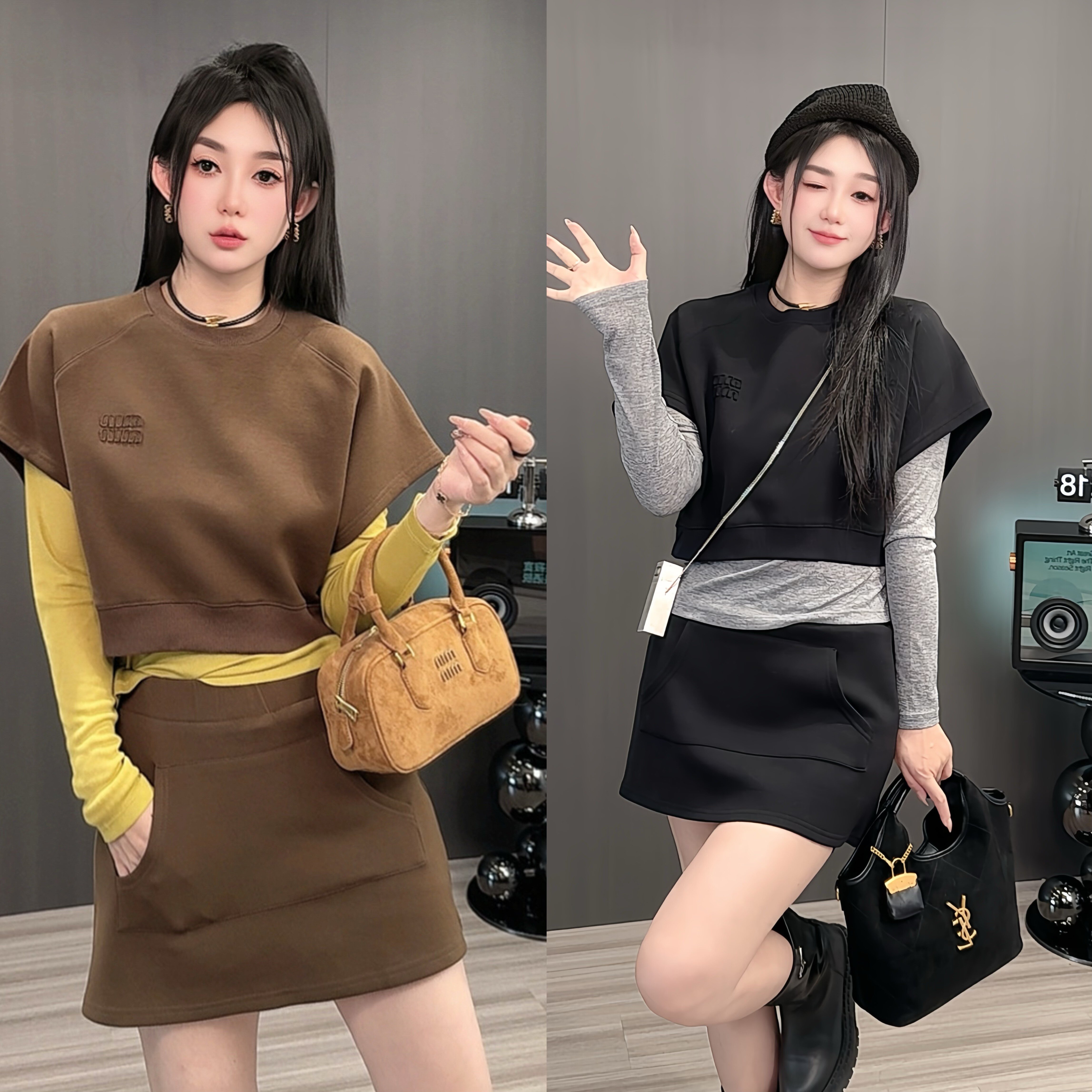 撞色套叠穿装裙三件套秋25新款欧货女装显瘦圆领卫衣+T恤+短裙潮