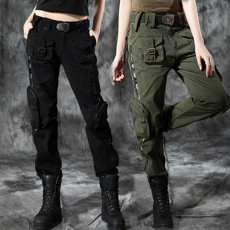 迷彩工装裤女秋冬加绒宽松户外弹力帅气直筒显瘦军绿色休闲裤清