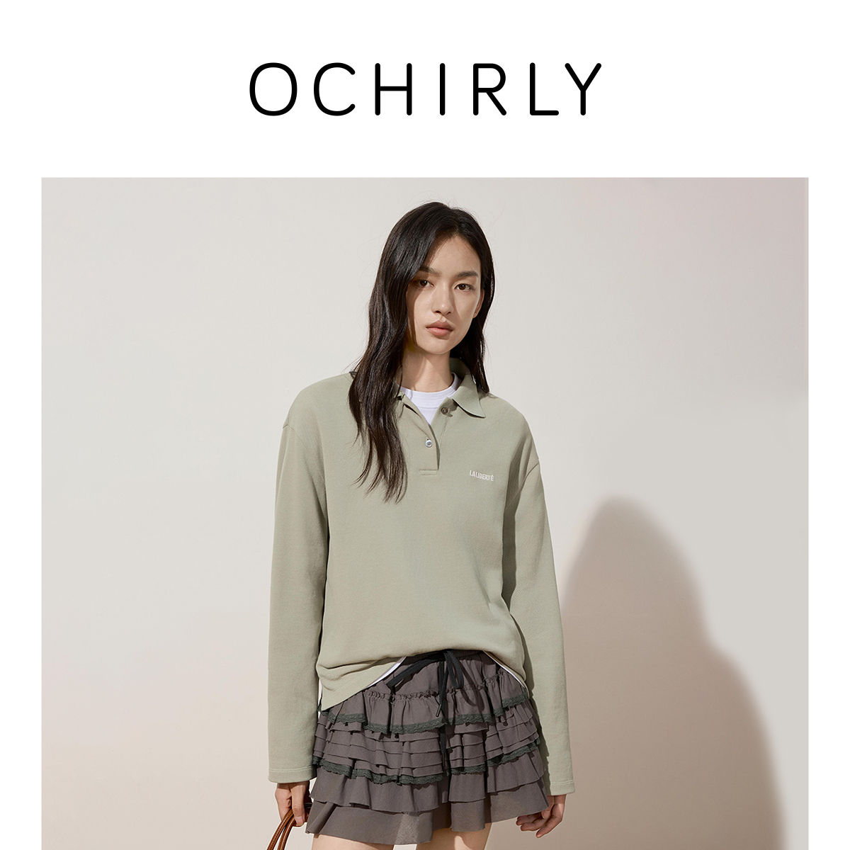 OCHIRLY欧时力 100%棉Polo领长袖T恤女上衣绣花气质2024秋冬新品