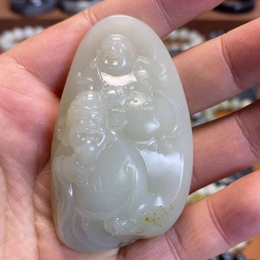 和田玉未镶嵌把件新疆和田玉带皮毛孔福禄手把件