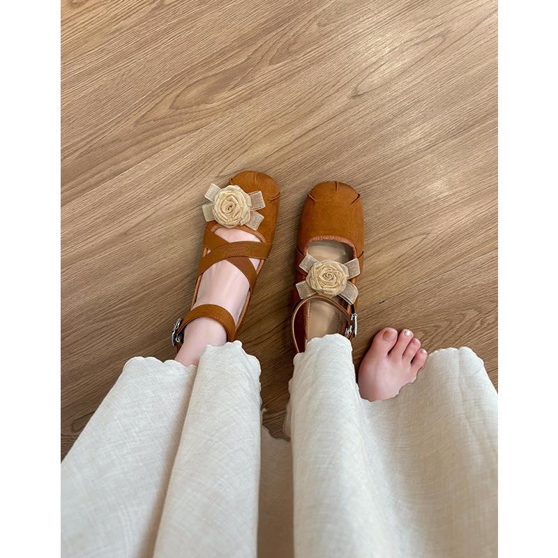 【万达撤柜】羊皮版~真皮新中式复古花朵芭蕾舞鞋女内增高法式浅口