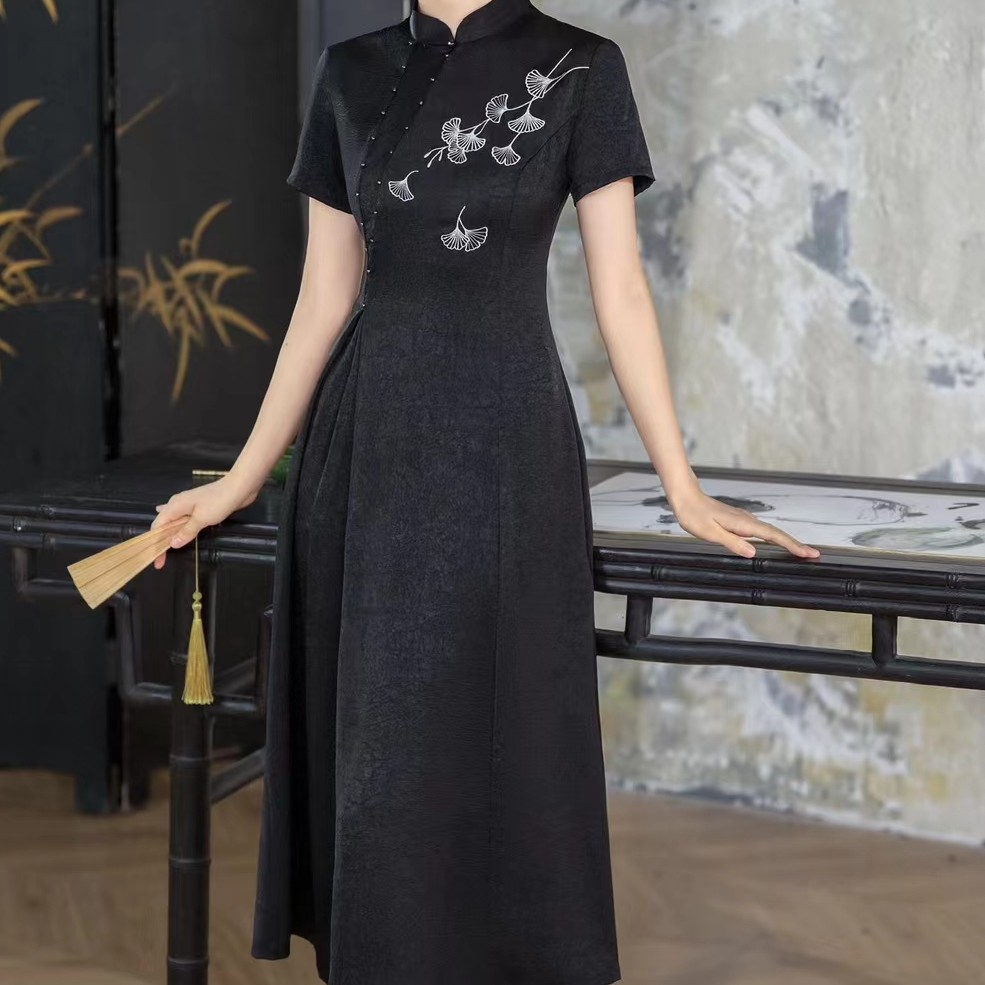 〔绣叶〕旗袍裙夏季复古改良高腰显瘦气质国风旗袍连衣裙短袖新中式