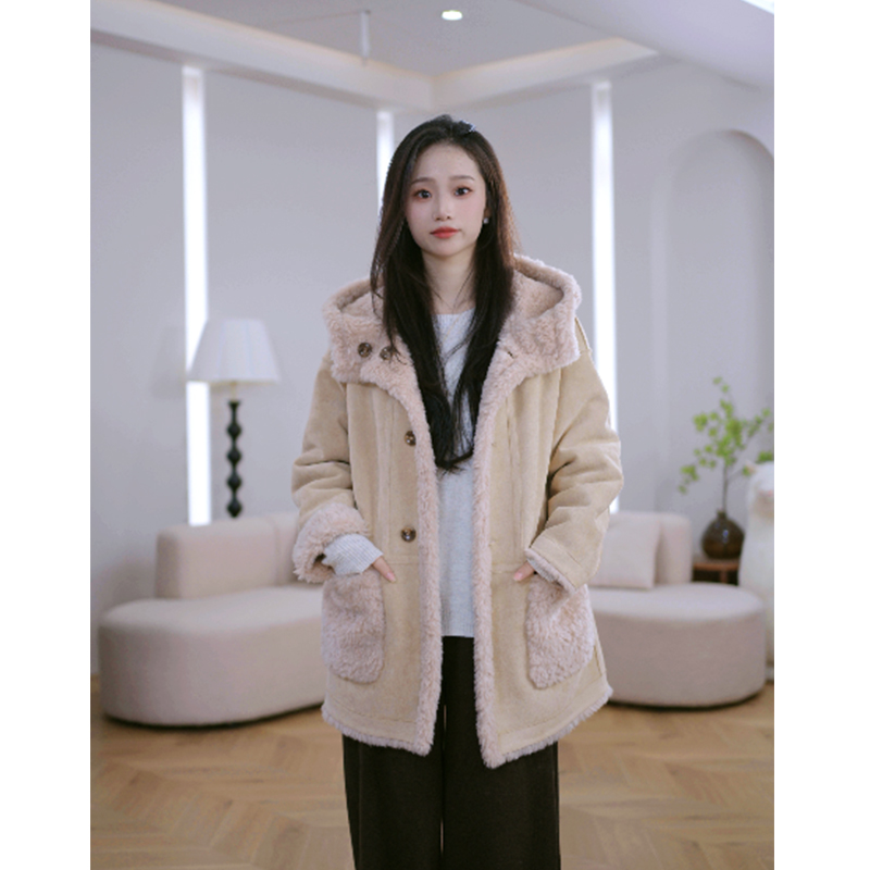 HANYU/韩禹TF219新款100%羊毛外套女宽松显瘦中长款大衣加厚连帽