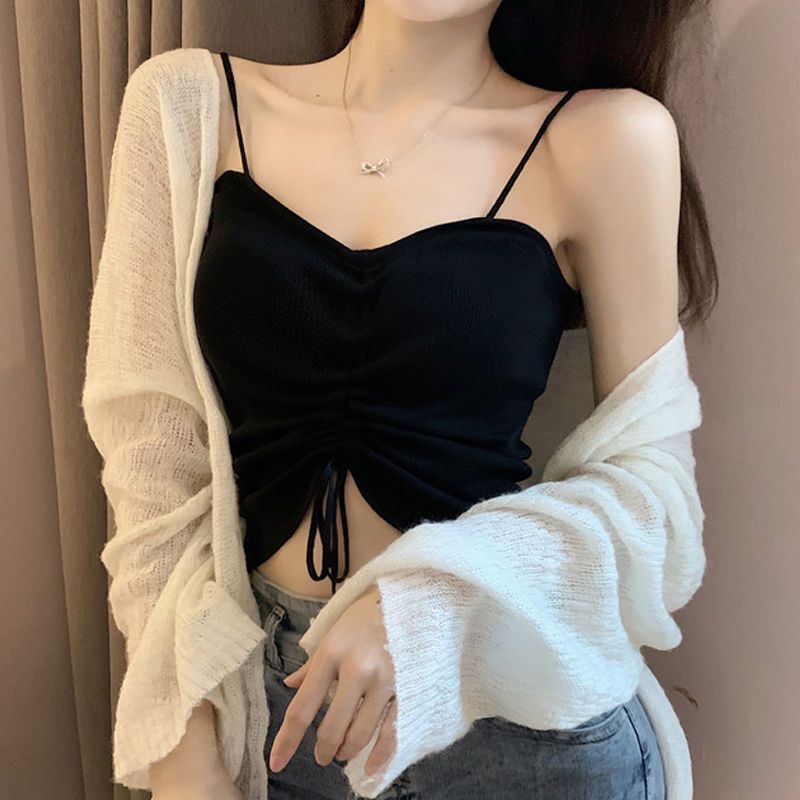 63韩版性感遮肉V领小背心上衣胖少女修身显瘦抽绳吊带衫